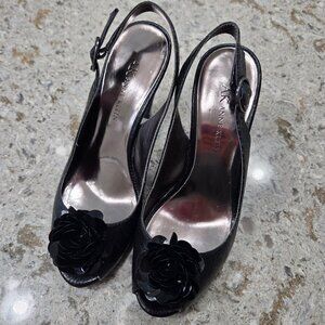 AK Anne Klein Black Slingback Heels Peep Toe Floral Platform Pumps